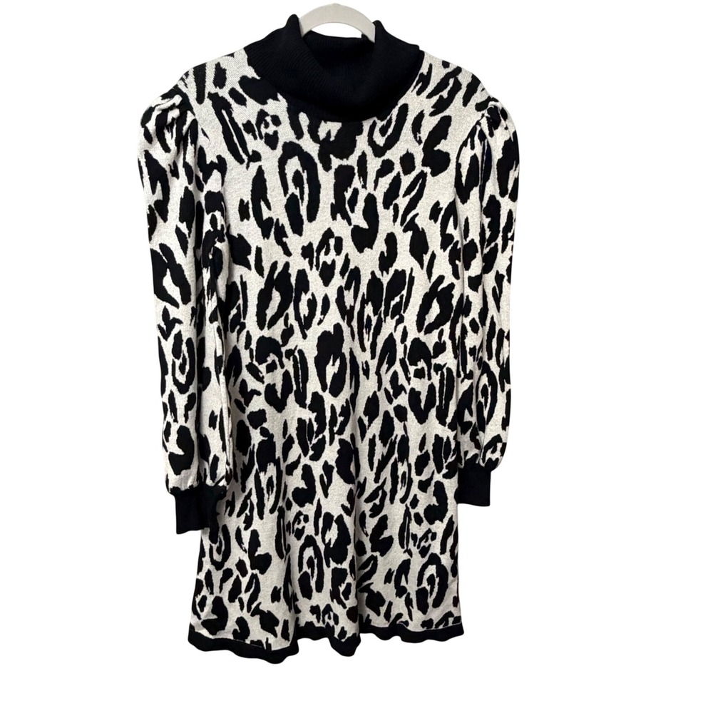Who What Wear Womens XL Leopard Print Turtleneck Puff Sleeve Sweater Dress Black